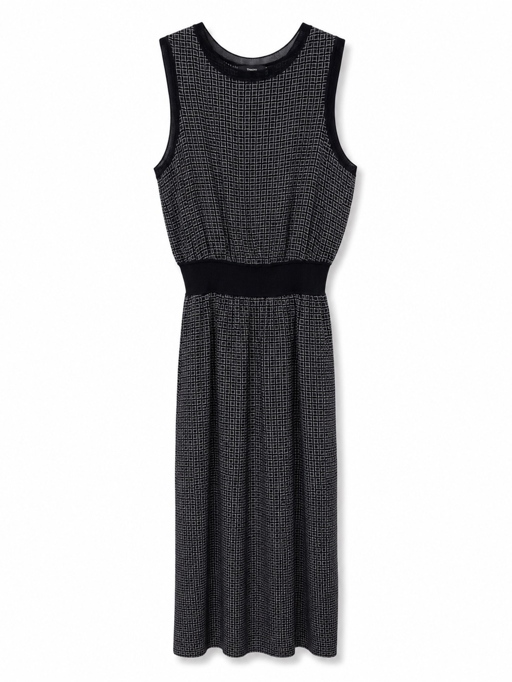 Theory Black 100% Silk Midi Dress M Stretch Rib Waist Geometric - Picture 2 of 6